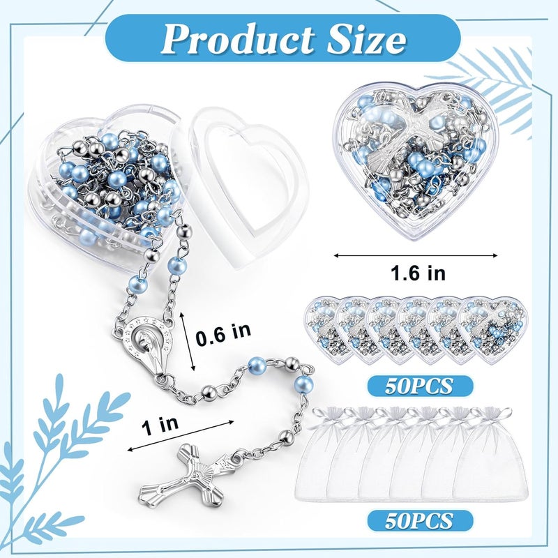 ROCEEI Store Catholic Rosary Necklace 4 mm Glass Beads Rosary Favors Crucifix Prayer with Faux Pearl with Heart Shaped Box and Organza Bag for First Communion Baptism - Image 2